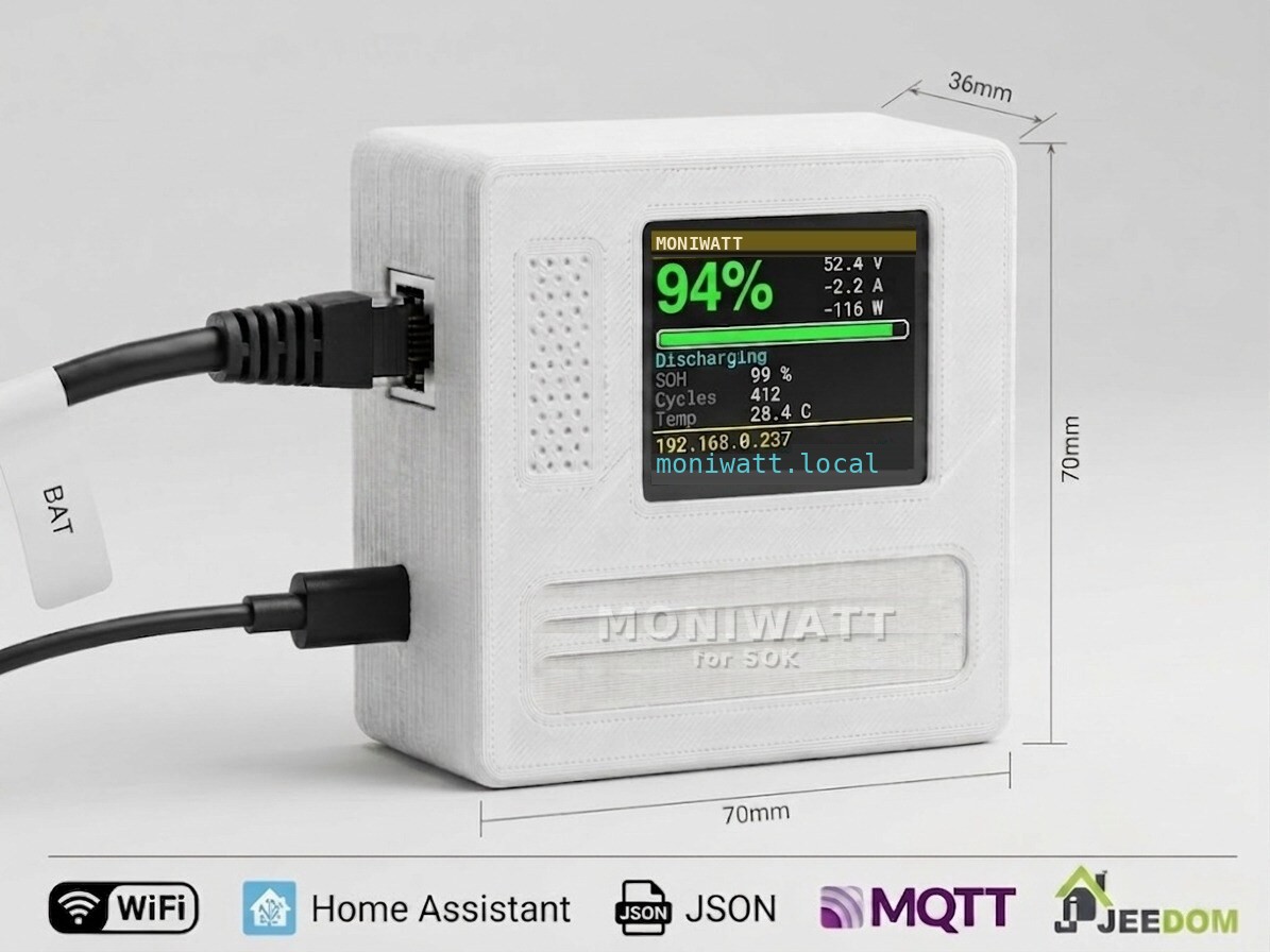 MoniWatt for SOK box with screen showing battery charge, voltage and current
